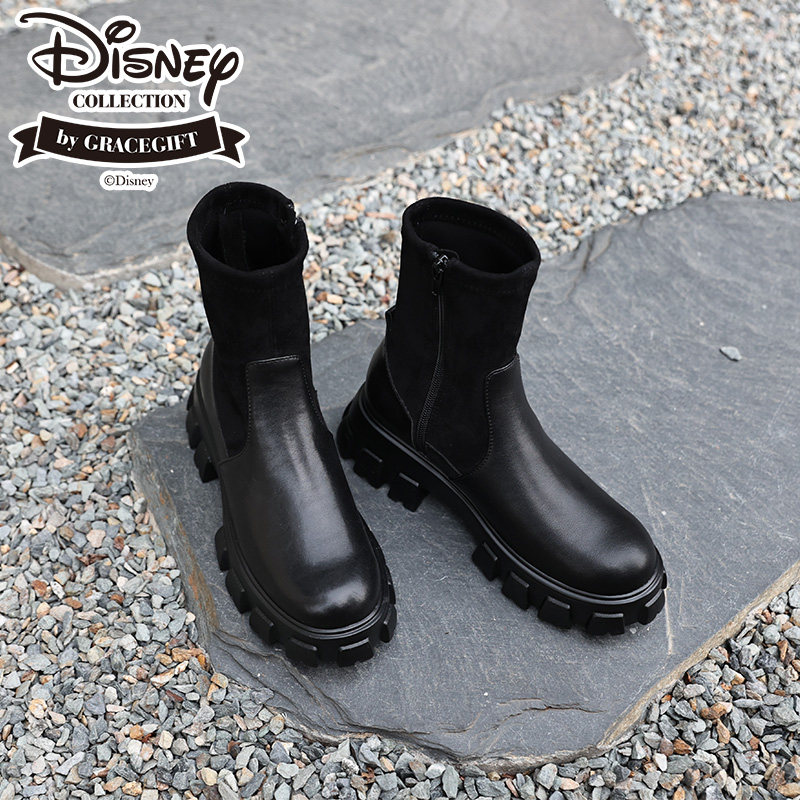 grace gift迪士尼联名袜套靴女中筒厚底侧拉链单靴显腿瘦时尚短靴