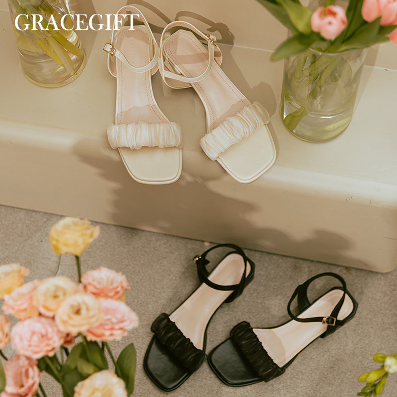 grace gift一字带凉鞋女方头露趾粗跟套趾优雅中跟后空甜美女鞋
