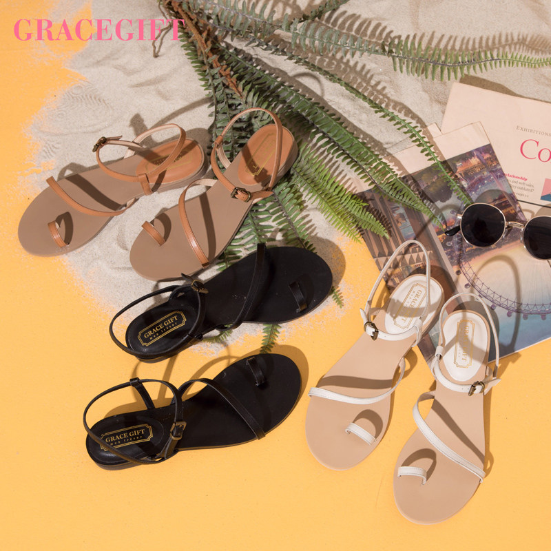 grace gift凉鞋女夏季套趾外穿复古性感细带一字扣带平底鞋