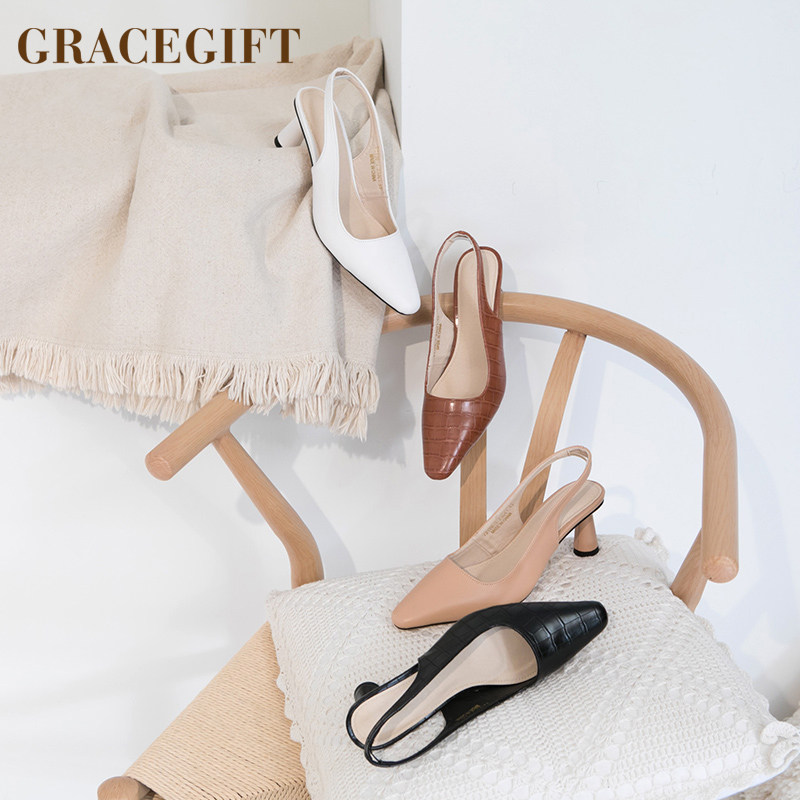 grace gift单鞋女尖头高跟鞋细跟浅口复古风石头纹夏季新品女鞋