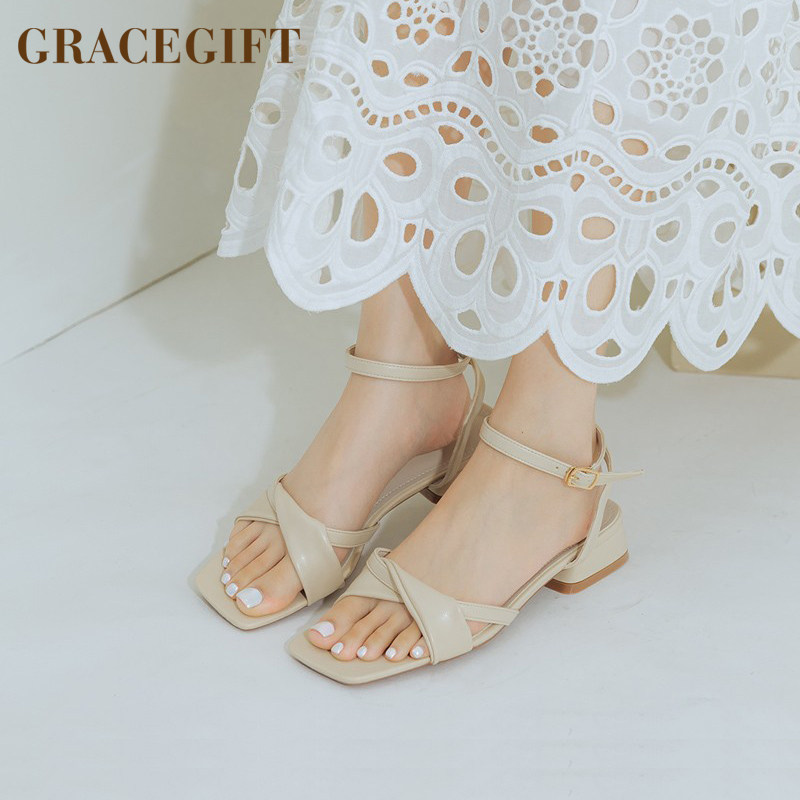 grace gift凉鞋女复古方头甜美交叉绊带女鞋气质显瘦粗跟鞋夏季