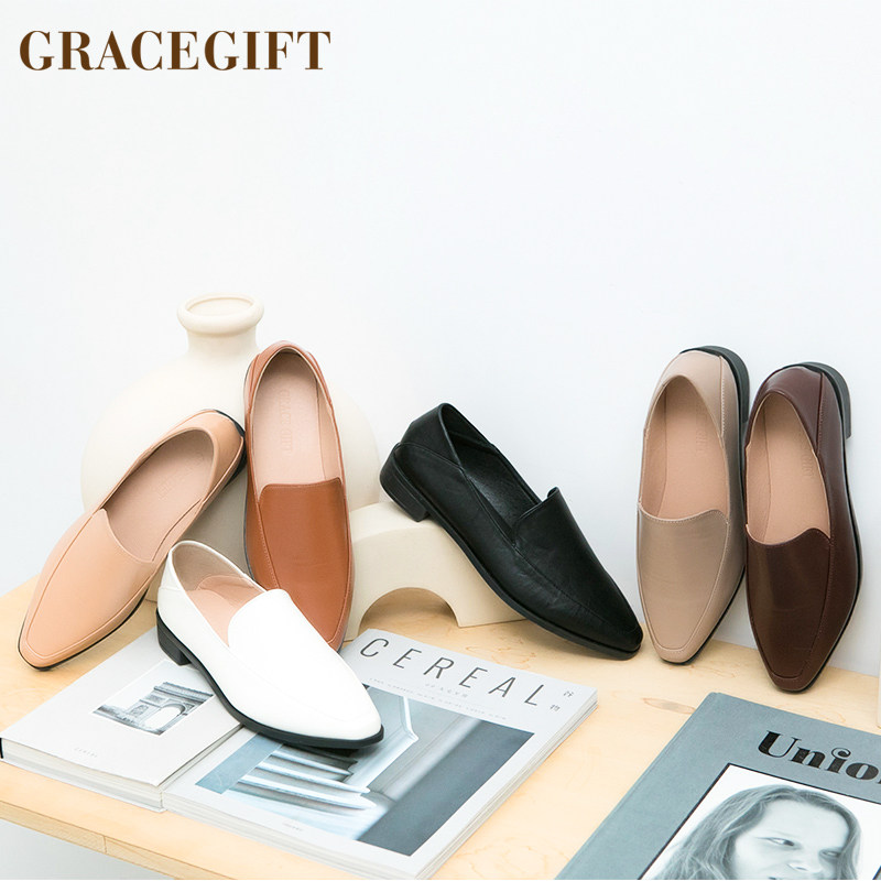 grace gift乐福鞋女简约素面小皮鞋一脚蹬小方头休闲