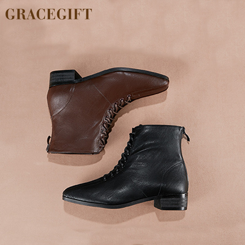 grace gift秋季新款时装靴帅气方头粗跟后拉链短靴简约百搭女靴