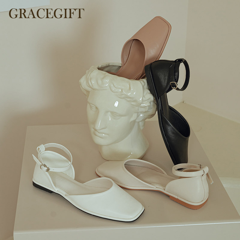 grace gift包头凉鞋女夏季低跟方头日系风百搭温柔一字扣晚晚单鞋