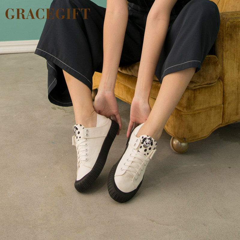 grace gift帆布鞋女低帮浅口饼干鞋甜美舒适休闲鞋百搭女平底新款