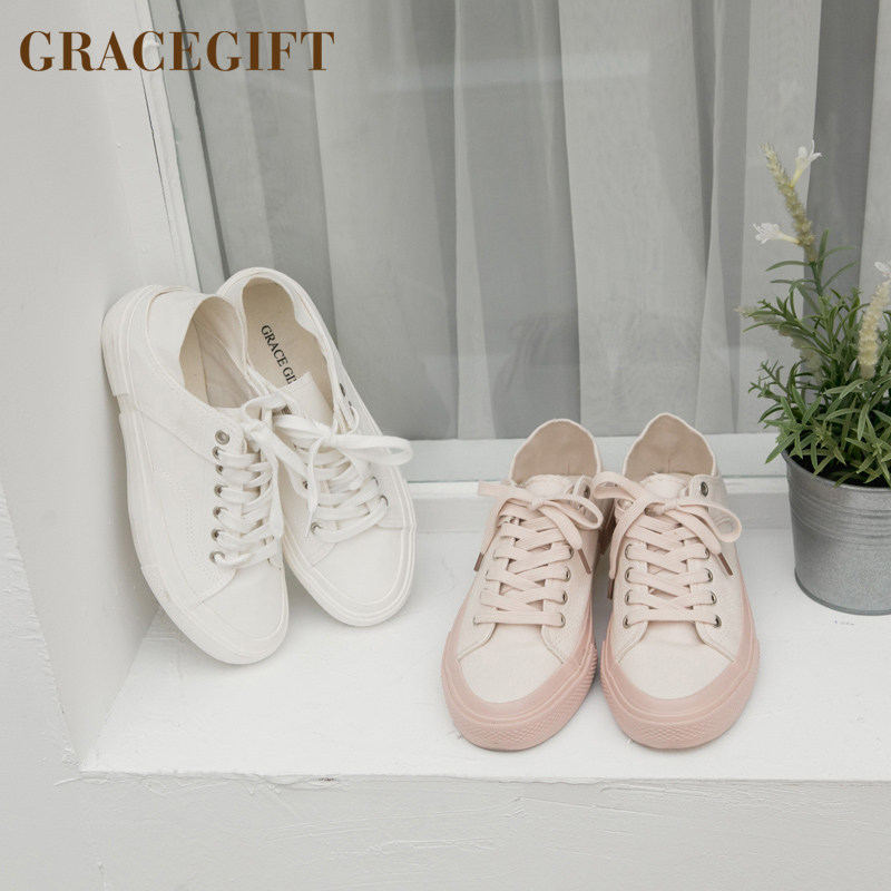 grace gift帆布鞋女两穿鞋平底绑带单鞋学生百搭韩版圆头小白鞋女