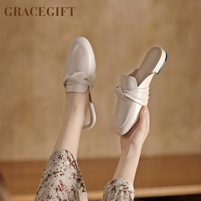grace gift穆勒鞋女新款包头粗跟外穿休闲懒人一脚蹬平底半拖凉鞋