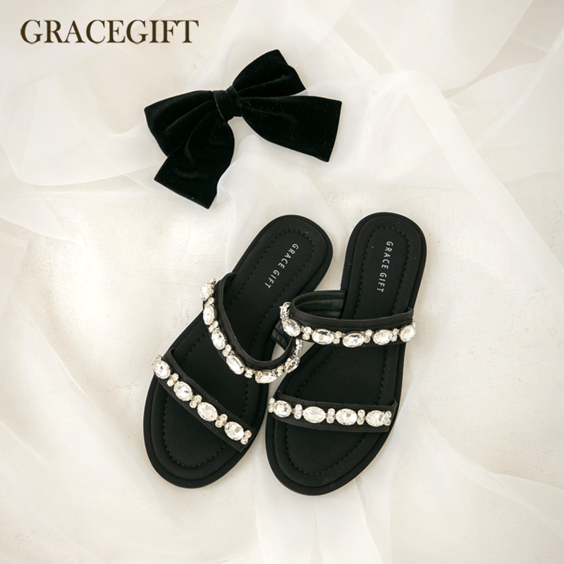 Grace gift拖鞋女黑色平底高级感水钻气质一字拖夏季外穿沙滩凉鞋