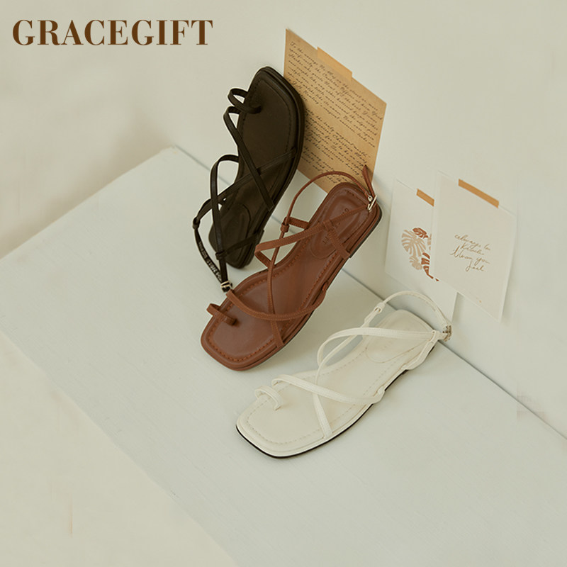 grace gift凉鞋女新款方头露趾一字带日常套趾防滑脚优雅淑女鞋
