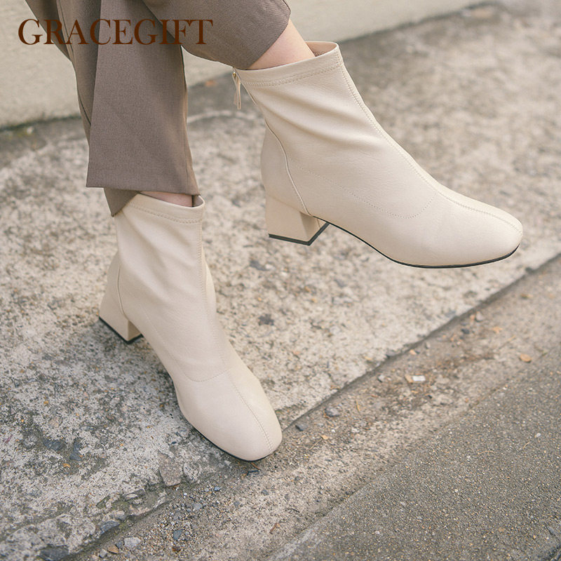 grace gift小方头短靴女粗跟后拉链高跟靴简约百搭春秋单靴女靴子