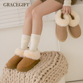 Grace gift雪地靴真皮毛毛靴加厚保暖牛皮东北靴子女短筒增高棉靴