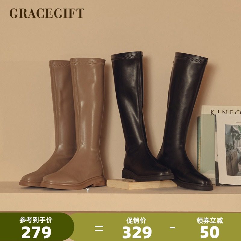 grace gift长筒靴女新款时尚底跟不过膝机车靴女英伦风复古骑士靴