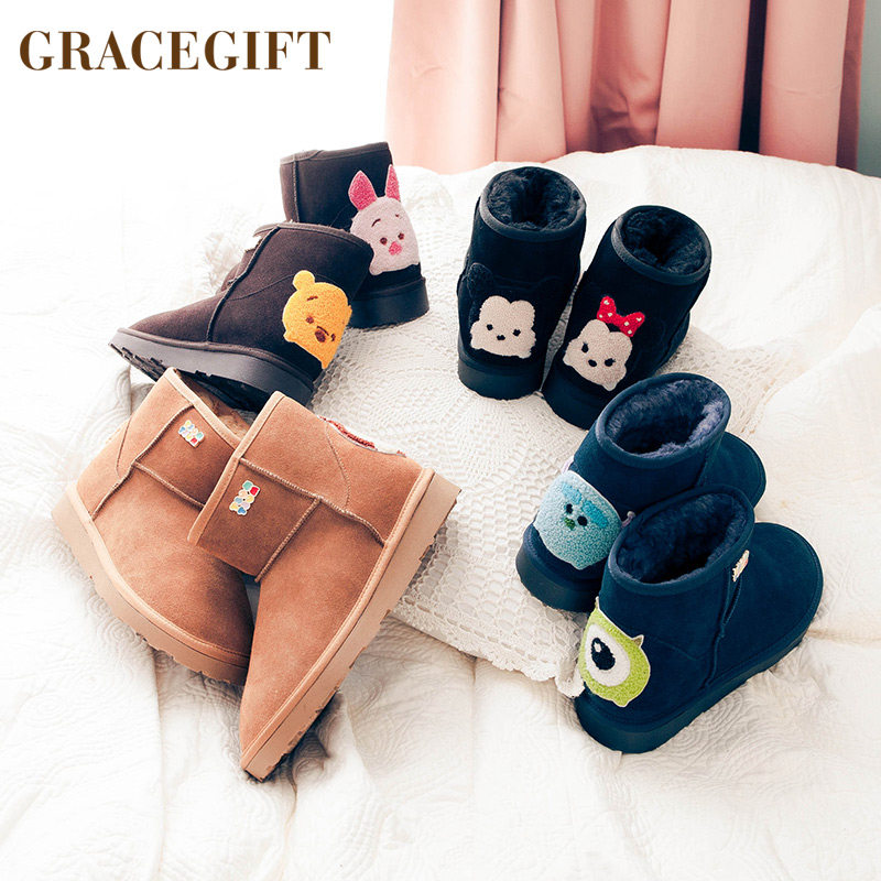 grace gift雪地靴女短筒加绒防滑雪地棉可爱刺绣加绒保暖冬靴女靴