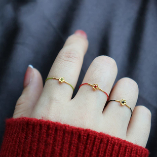 999足金戒指女黄金小花18k芝麻珠手工编绳戒指本命年可调节礼物