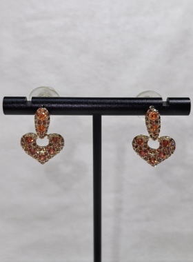 闪亮彩钻镶嵌爱心耳钉橘色橙色皓石水钻复古金色耳饰气质耳环