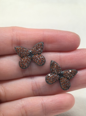 精致橙色水钻蝴蝶耳钉女小众设计微镶耳环高级感女饰品