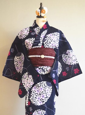 日单浴衣日本传统款和服YUKATA棉布质地少女女士连衣裙紫色扇子