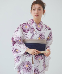 日单浴衣日本传统款 花影b 和服YUKATA棉麻质地少女连衣裙紫苑