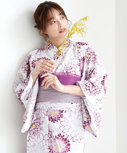 日单浴衣日本传统款 花影 和服YUKATA棉麻质地少女连衣裙紫苑