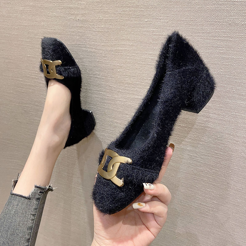 毛毛鞋女鞋保暖粗跟单鞋一脚蹬