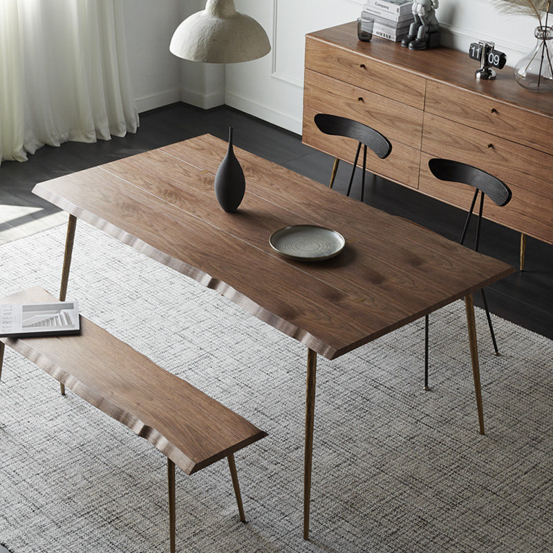 黑胡桃木实木自然边餐桌办公桌原木桌锻打金属腿小户型餐厅饭桌子