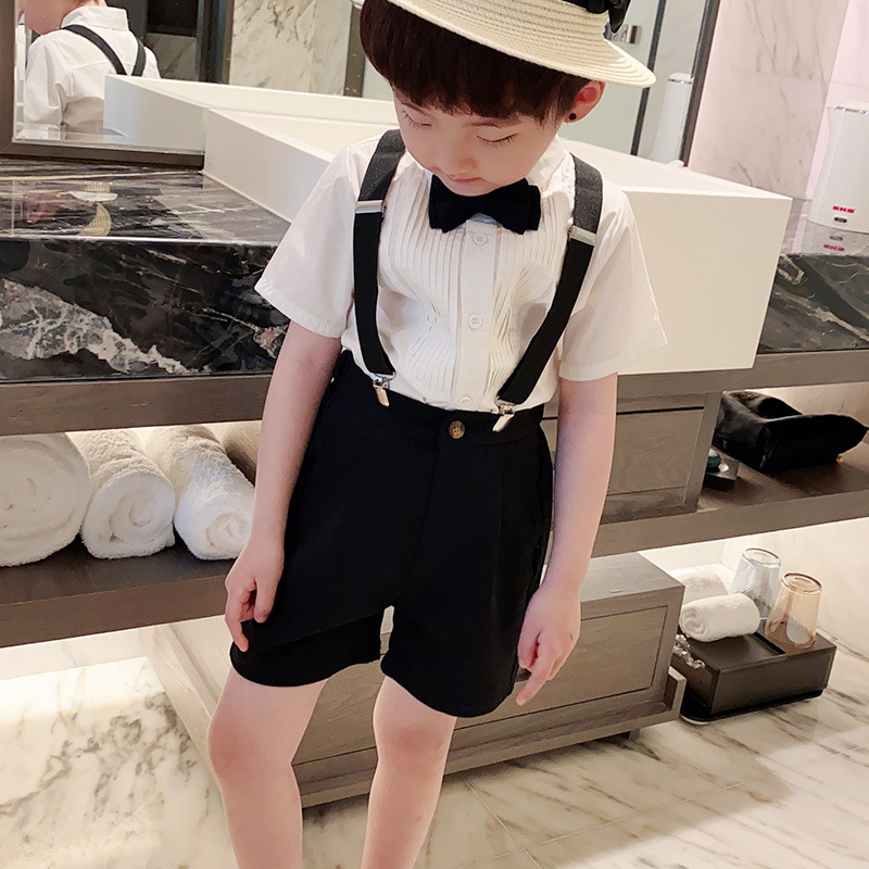 儿童短袖短裤背带套装2025夏季男童衬衫西装花童礼服主持人演出服