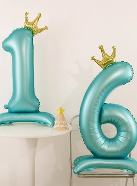 32寸粉蓝色站立皇冠数字气球男女孩宝宝生日周岁拍照背景场景装饰
