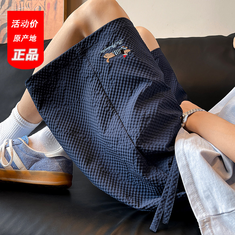 藏青色泡泡纱刺绣休闲短裤男夏季薄款外穿四五分沙滩裤子宽松中裤图片