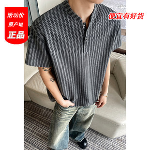 鱼骨纹亨利领短袖男款夏季美式大码polo衫t恤硬挺重磅立领半截袖