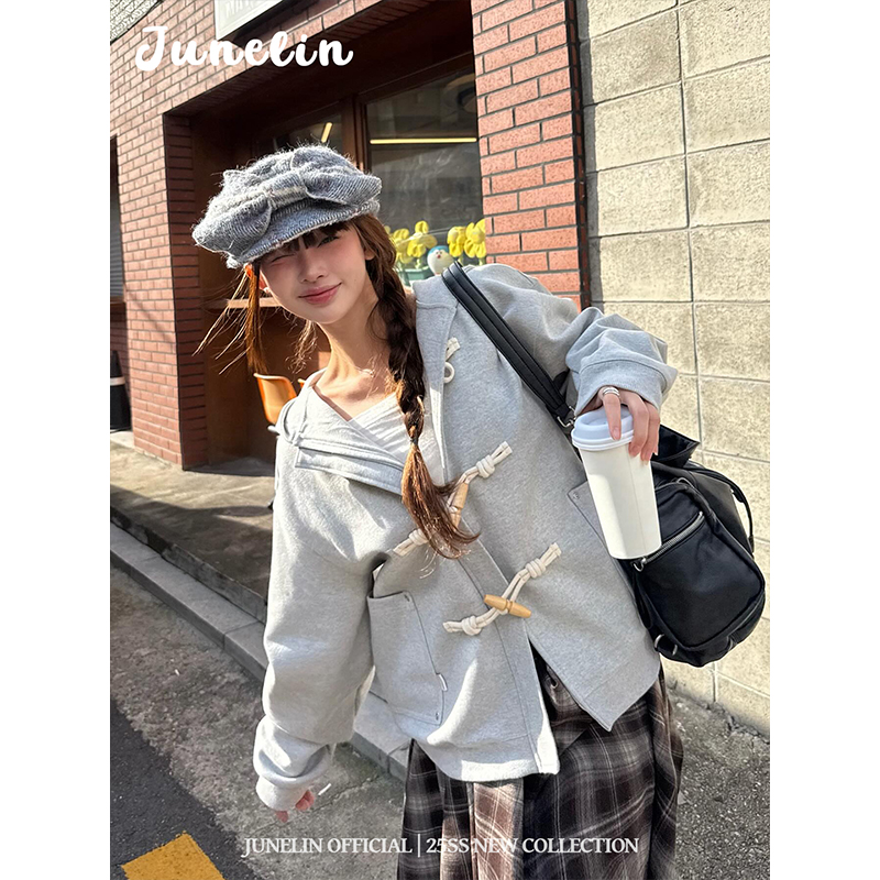 六月林 韩系学院风高级感牛角扣连帽宽松外套秋冬时尚显瘦气质