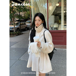 六月林 韩系休闲高级感白色毛呢中长款大衣外套系带收腰气质简约