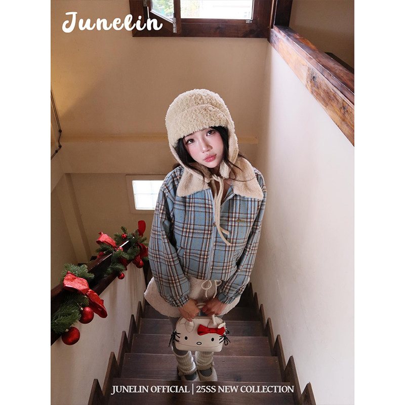 六月林 韩系日常百搭撞色格纹短款毛呢外套毛绒翻领甜美元气宽松,女装/女士精品,常规大码外套,淘宝优惠券,粉丝福利购,淘宝优惠卷