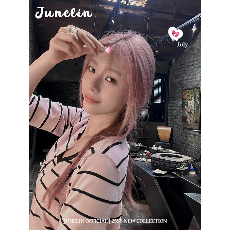 六月林 韩国博主同款条纹针织开衫外套女短款小个子上衣