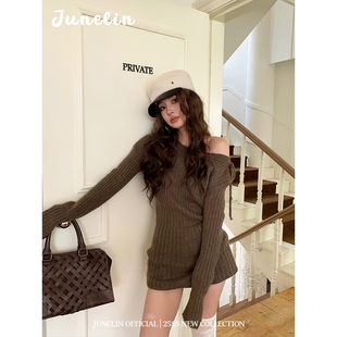六月林 韩系棕色针织连衣裙斜肩系带内搭软糯松弛感小众时尚显瘦