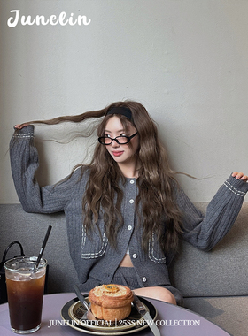 六月林 韩国博主同款 新款灰色针织套装女短款明线口袋开衫休闲裤