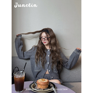 六月林 韩国博主同款 新款灰色针织套装女短款明线口袋开衫休闲裤