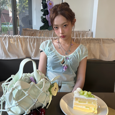 六月林 韩国博主同款绿色蝴蝶结修身短袖T恤女新款清纯系掐腰上衣