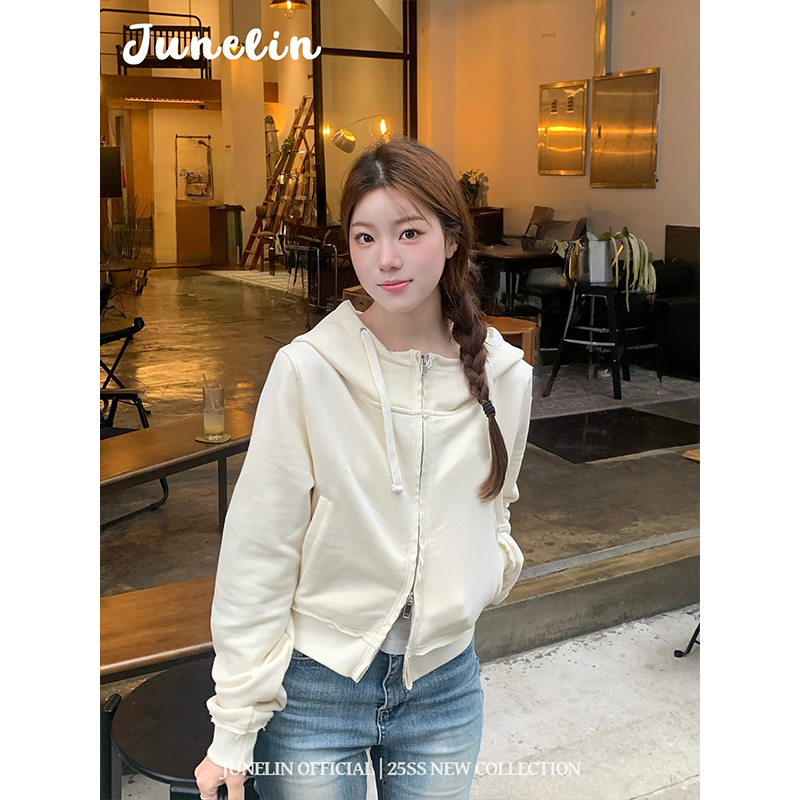 六月林 韩国博主同款日常通勤小众设计感杏色卫衣外套短款小个子