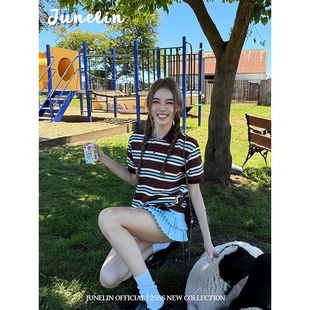 六月林 条纹polo领T恤女夏高腰压褶荷叶边A字百褶裙 韩国博主同款