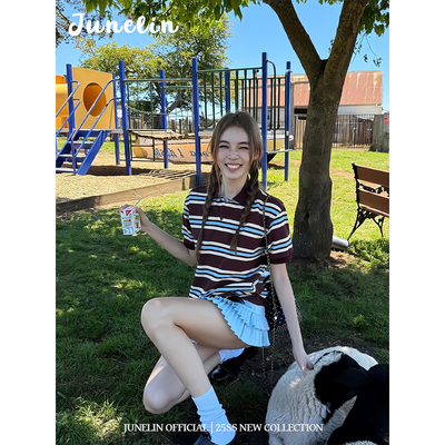 六月林 韩国博主同款条纹polo领T恤女夏高腰压褶荷叶边A字百褶裙