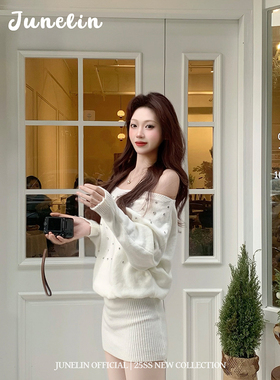 六月林 韩国博主同款 白色露肩针织连衣裙露肩上衣钉珠装饰小众女