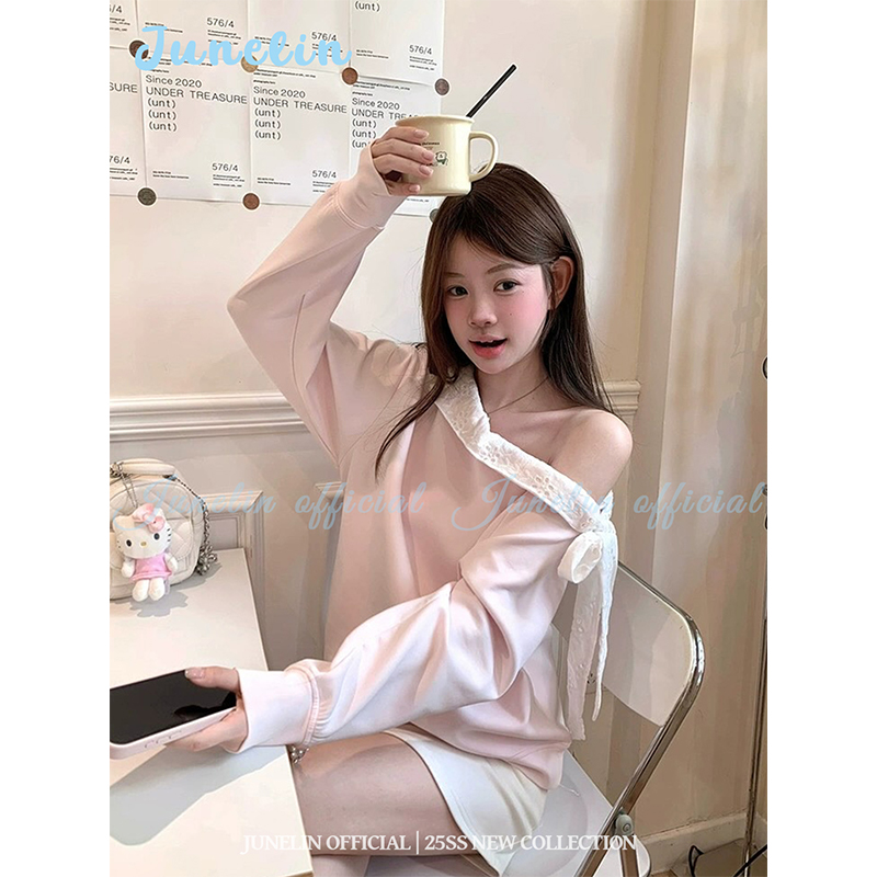 六月林 韩国博主同款浅粉色露肩领口蕾丝系带卫衣甜美百搭减龄女