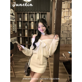 六月林 温柔约会穿搭一字肩蝴蝶结包臀针织连衣裙纯欲显瘦女 韩版