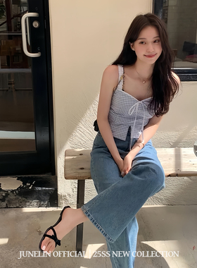 六月林 韩国博主同款 设计感蝴蝶结蓝色花边格子甜美小吊带衬衫女