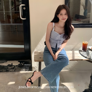 女 设计感蝴蝶结蓝色花边格子甜美小吊带衬衫 六月林 韩国博主同款