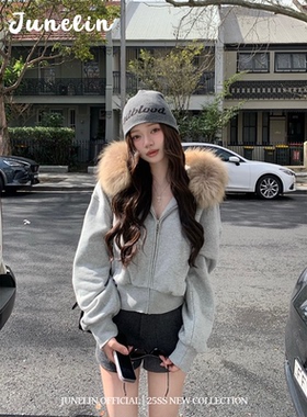 六月林 美式复古灰色连帽毛领短款外套时尚小众设计感修身显瘦女