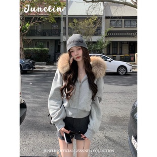 六月林 美式复古灰色连帽毛领短款外套时尚小众设计感修身显瘦女