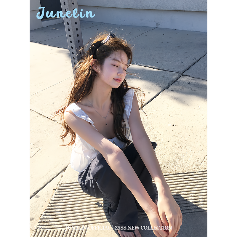 六月林 韩国博主同款白色荷叶边系带衬衣女浪漫度假风百搭上衣