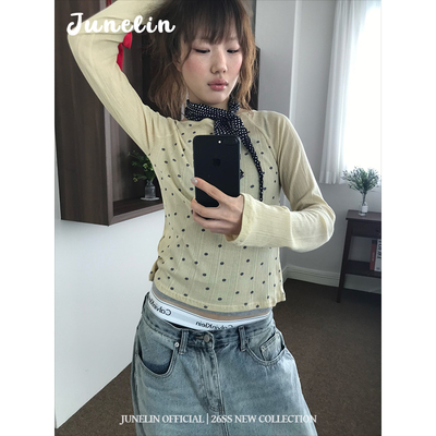 六月林 2026年新款韩版古早感配色复古黄色波点上衣短款日常百搭