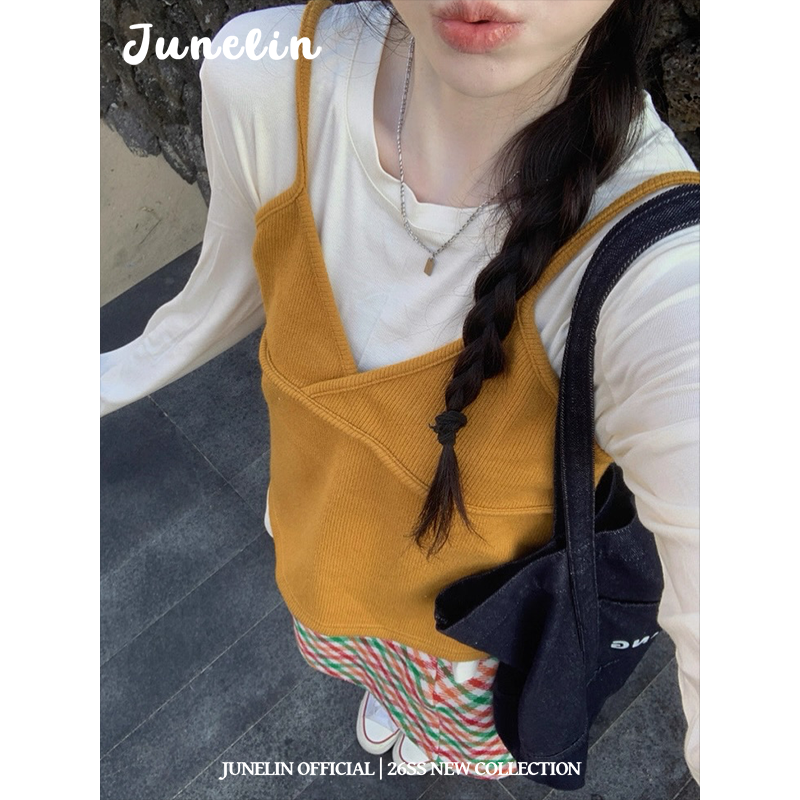 六月林 2026新款甜美少女气质叠穿时尚V领针织吊带长袖内搭两件套,女装/女士精品,大码套装,淘宝优惠券,粉丝福利购,淘宝优惠卷